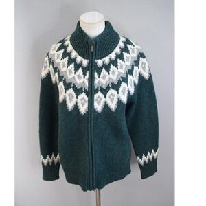 LL Bean Lambswool Fair Isle Cardigan Sweater Medium Green Nordic Zip